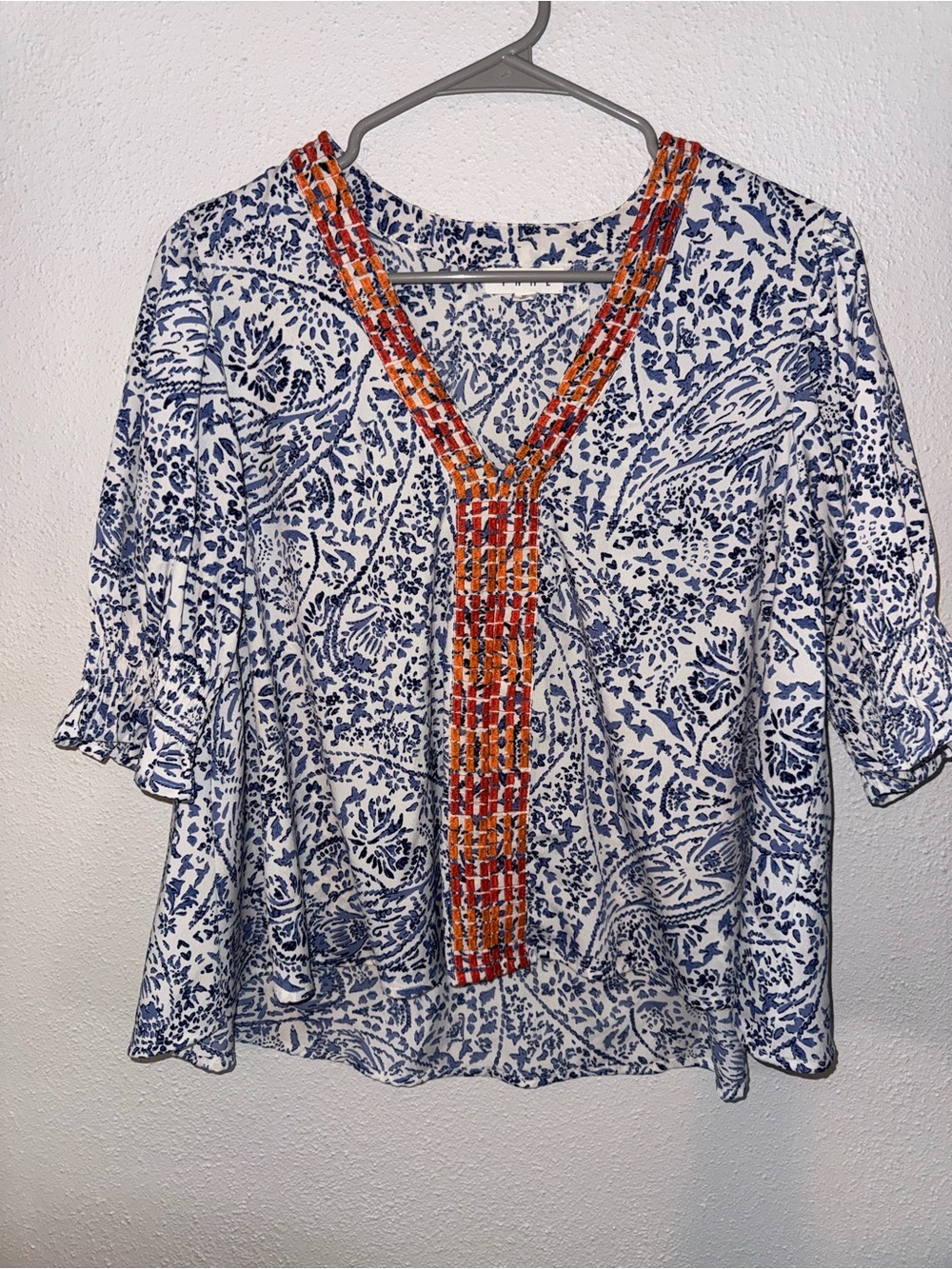 THML Blue & White Printed V-Neck Blouse with Orange Beaded Trim